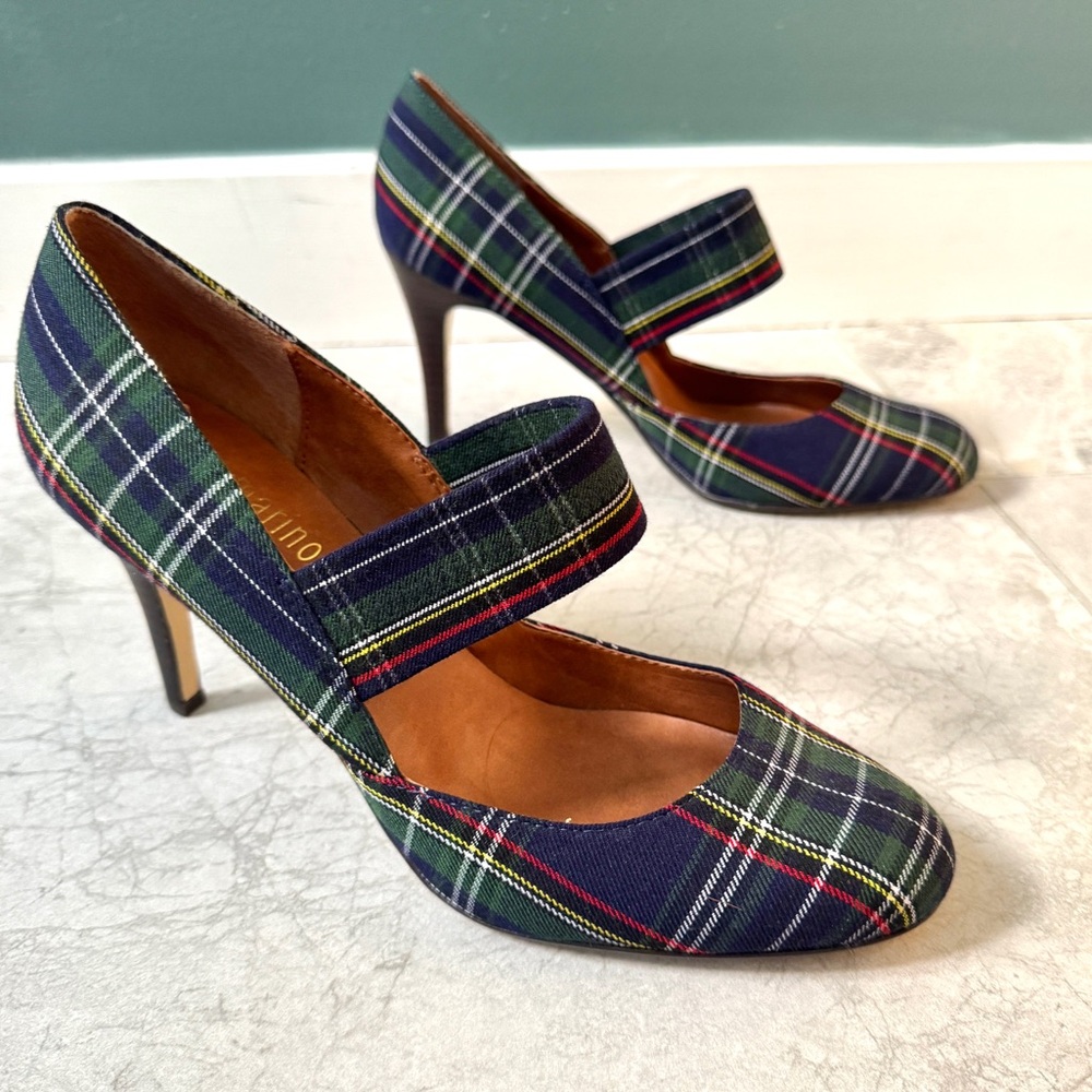 ANN MARINO by BETTYE MULLER plaid Mary jane HEELS retro pinup blue women’s 9 red - Picture 4 of 11